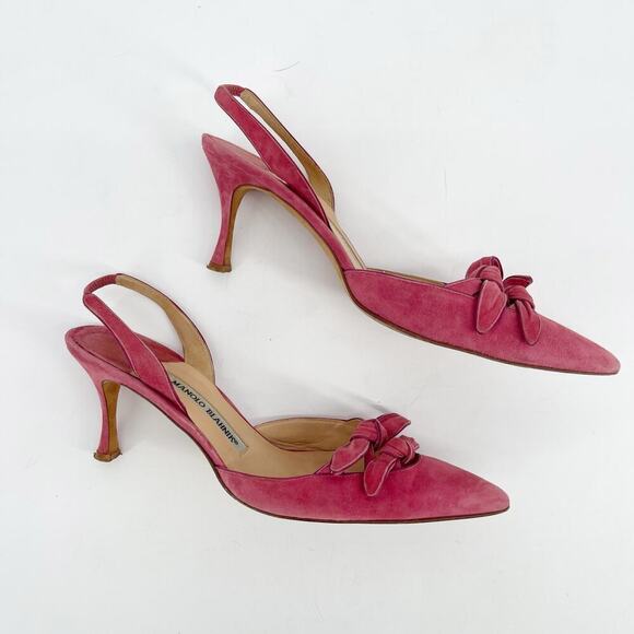 Vintage Manolo Blahnik Pink Suede Knotted Bow Pointed Toe Slingback Pump IT 39.5 - Picture 3 of 10